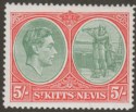 Click for more photos and details St Kitts-Nevis 1950 KGVI 5sh Green and Scarlet-Vermilion p14 Chalky Mint SG77c