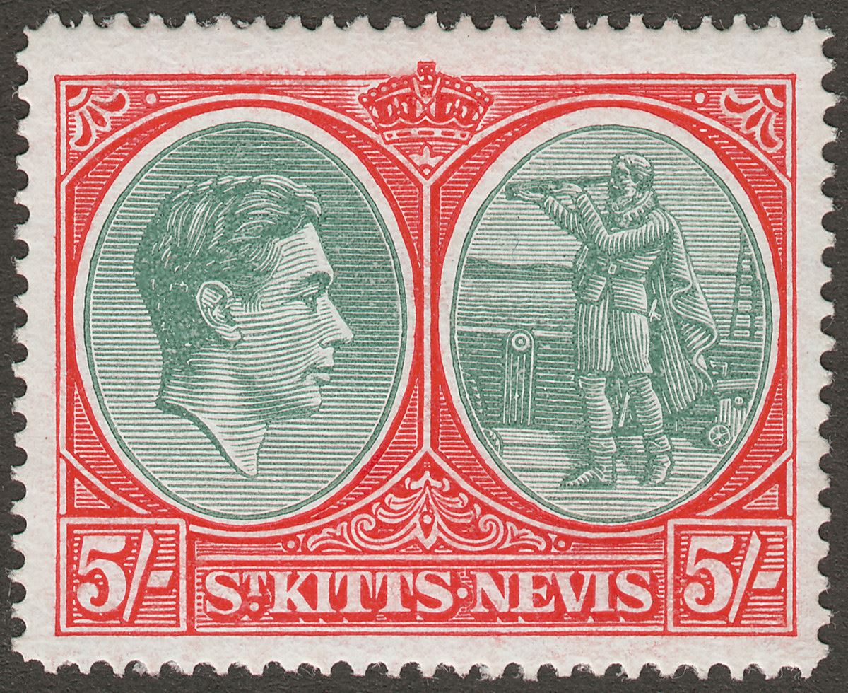 St Kitts-Nevis 1945 KGVI 5sh Bluish Green and Scarlet p14 Ordinary Mint SG77b