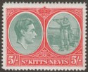 Click for more photos and details St Kitts-Nevis 1945 KGVI 5sh Bluish Green and Scarlet p14 Ordinary Mint SG77b