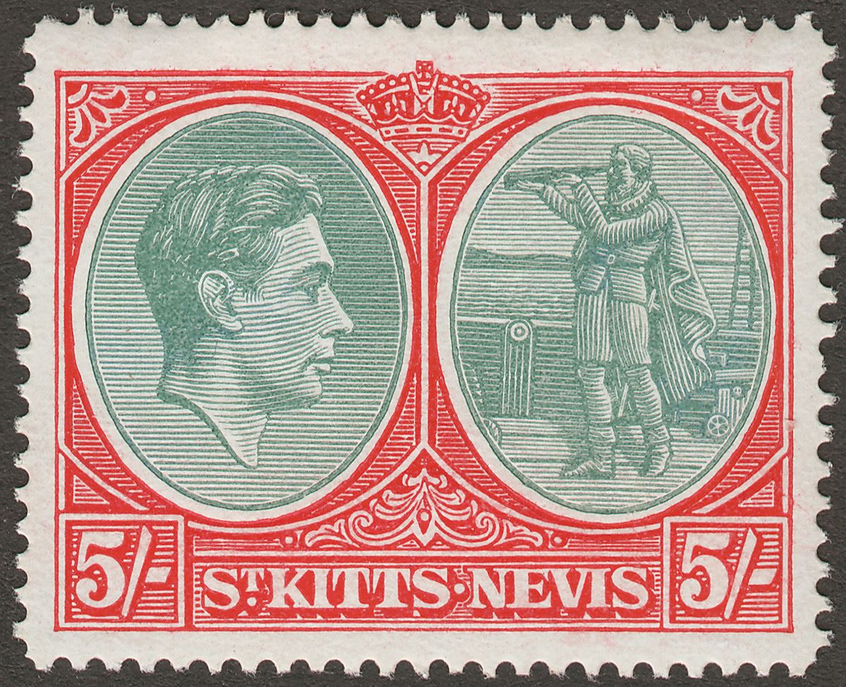 St Kitts-Nevis 1945 KGVI 5sh Bluish Green and Scarlet p14 Ordinary Mint SG77b