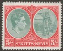 Click for more photos and details St Kitts-Nevis 1945 KGVI 5sh Bluish Green and Scarlet p14 Ordinary Mint SG77b