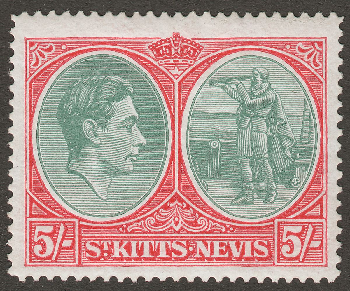 St Kitts-Nevis 1945 KGVI 5sh Bluish Green and Scarlet p14 Ordinary Mint SG77b