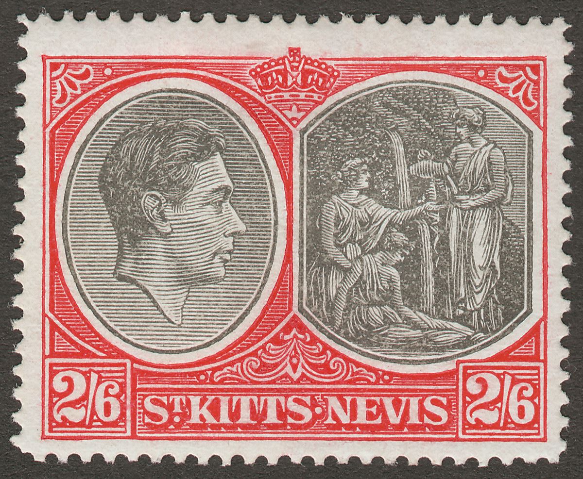 St Kitts-Nevis 1945 KGVI 2sh6d Black and Scarlet p14 Ordinary Mint SG76ab