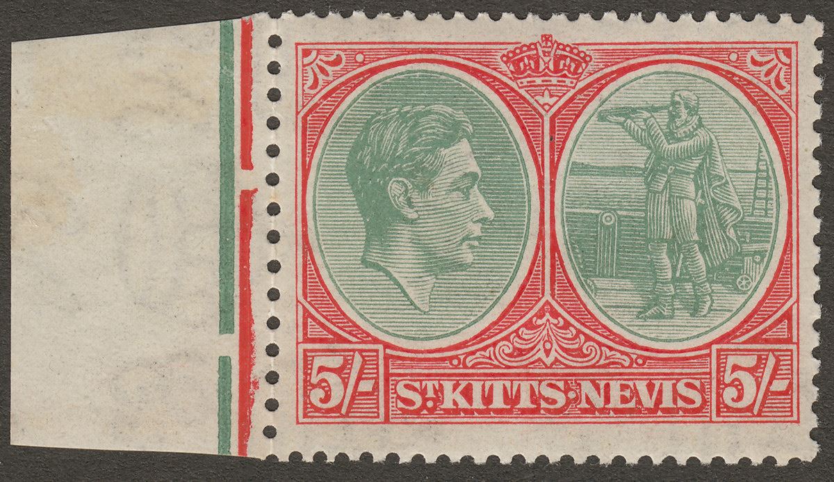 St Kitts-Nevis 1938 KGVI 5sh Grey-Green and Scarlet p13x12 Ordinary Mint SG77