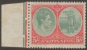 Click for more photos and details St Kitts-Nevis 1938 KGVI 5sh Grey-Green and Scarlet p13x12 Ordinary Mint SG77