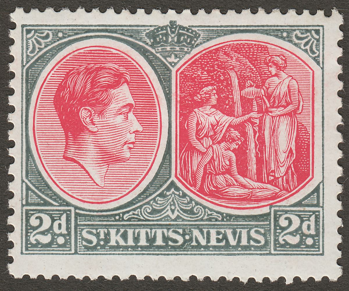 St Kitts-Nevis 1941 KGVI 2d Carmine and Deep Grey p13x12 Chalky Mint SG71a