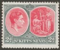 Click for more photos and details St Kitts-Nevis 1941 KGVI 2d Carmine and Deep Grey p13x12 Chalky Mint SG71a