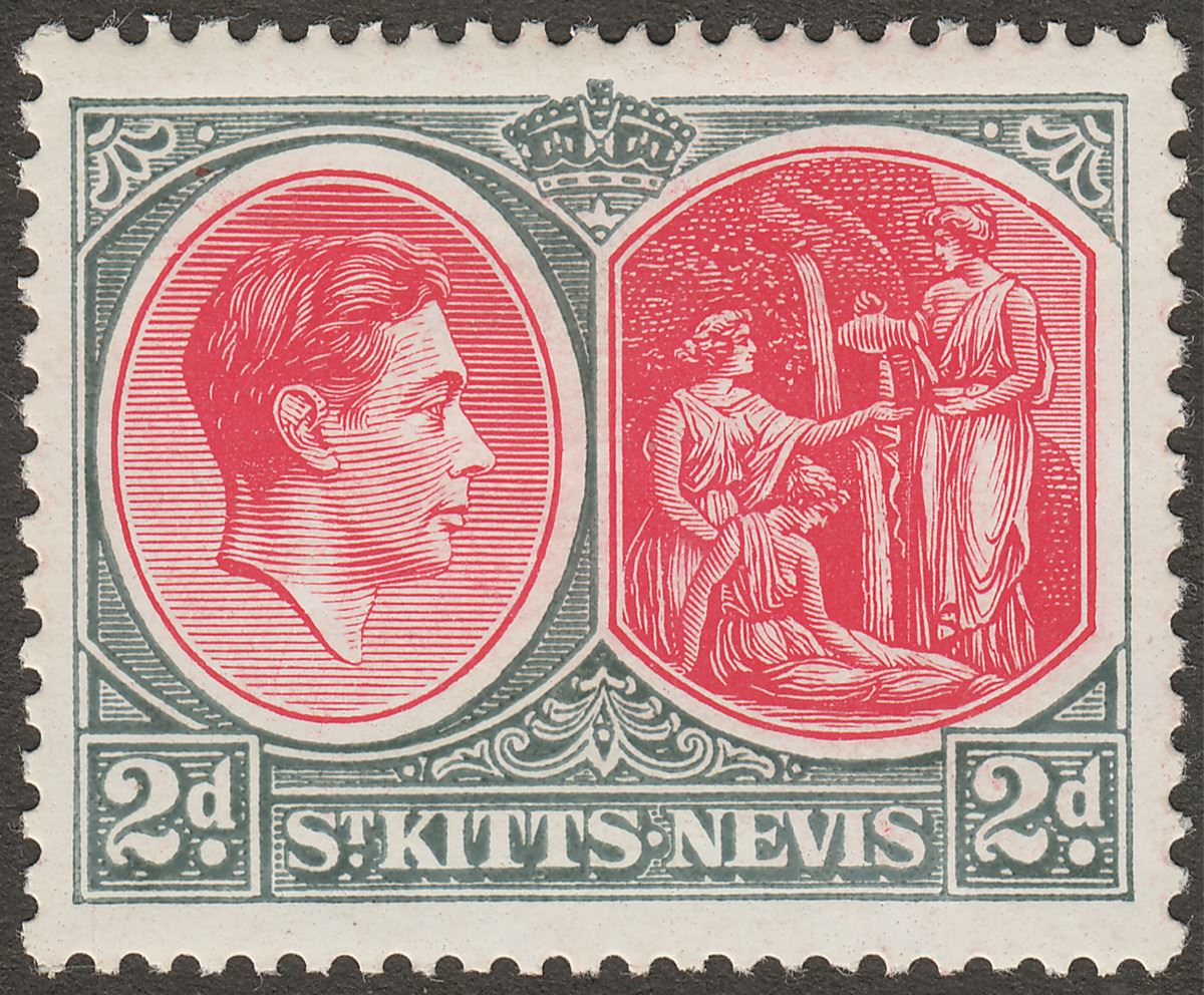 St Kitts-Nevis 1941 KGVI 2d Carmine and Deep Grey p13x12 Chalky Mint SG71a