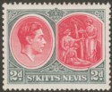 Click for more photos and details St Kitts-Nevis 1941 KGVI 2d Carmine and Deep Grey p13x12 Chalky Mint SG71a