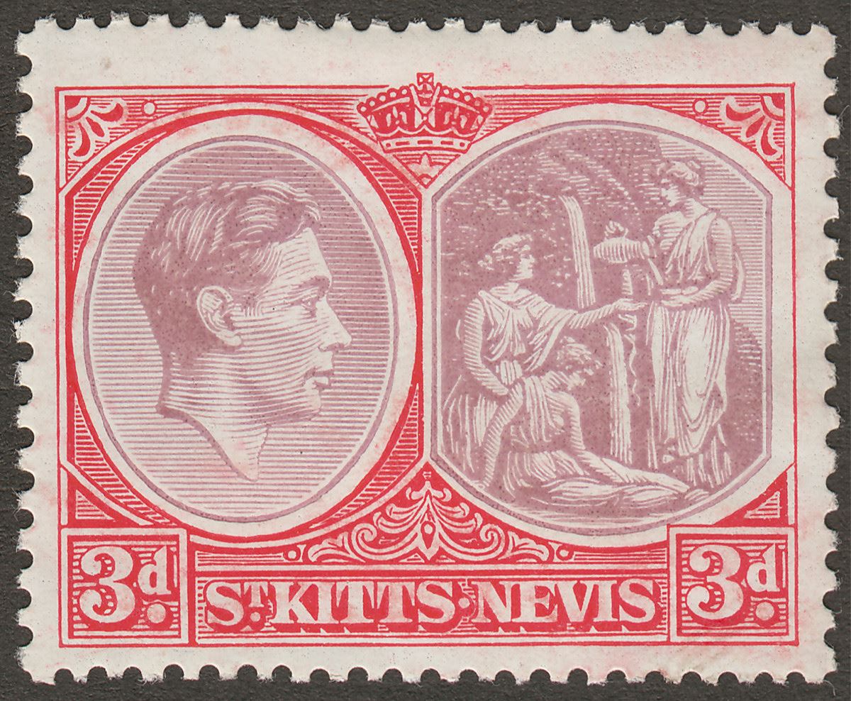 St Kitts-Nevis 1940 KGVI 3d Brown-Purple + Carmine-Red p13x12 Chalky Mint SG73a
