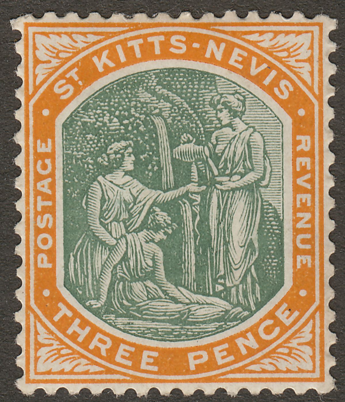 St Kitts-Nevis 1906 KEVII Spring 3d Deep Green + Orange Chalky Paper Mint SG18a