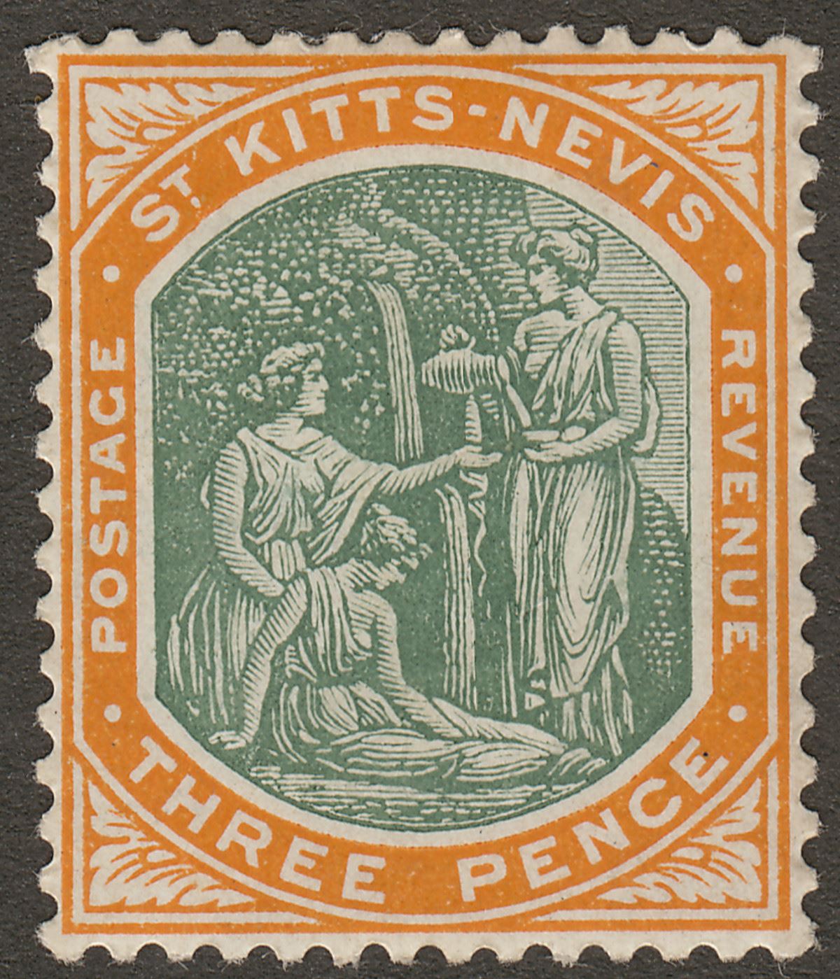 St Kitts-Nevis 1906 KEVII Spring 3d Deep Green + Orange Chalky Paper Mint SG18a