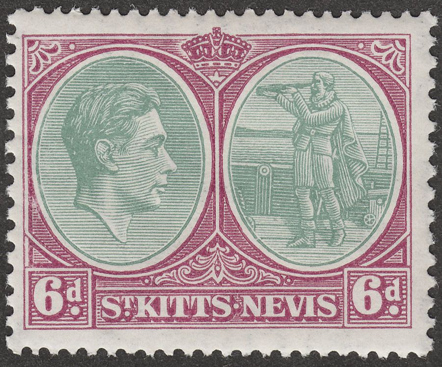 St Kitts-Nevis 1938 KGVI 6d Green and Bright Purple p13x12 Ordinary Mint SG74