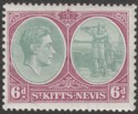Click for more photos and details St Kitts-Nevis 1938 KGVI 6d Green and Bright Purple p13x12 Ordinary Mint SG74