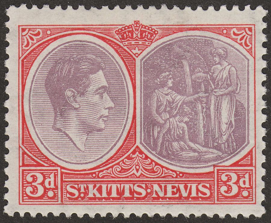 St Kitts-Nevis 1938 KGVI 3d Dull Reddish Purple and Scarlet p13x12 Ord Mint SG73