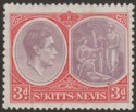 Click for more photos and details St Kitts-Nevis 1938 KGVI 3d Dull Reddish Purple and Scarlet p13x12 Ord Mint SG73