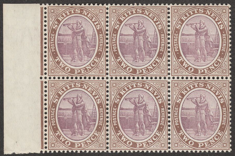 St Kitts-Nevis 1906 KEVII Columbus 2d Dull Purple and Brown Block Six Mint SG15a