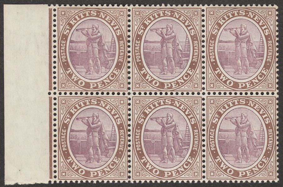 St Kitts-Nevis 1906 KEVII Columbus 2d Dull Purple and Brown Block Six Mint SG15a