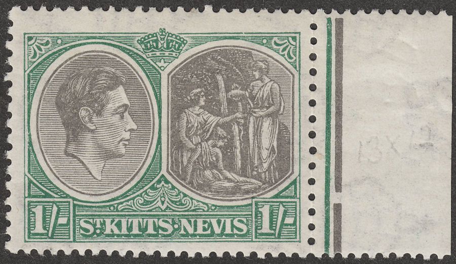 St Kitts-Nevis 1938 KGVI 1sh Black and Green p13x12 Mint SG75