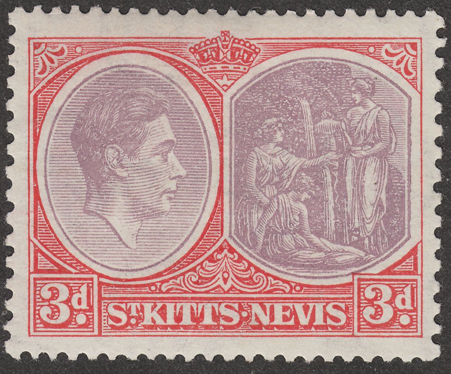 St Kitts-Nevis 1938 KGVI 3d Dull Reddish Purple and Scarlet p13x12 Ord Mint SG73