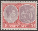 Click for more photos and details St Kitts-Nevis 1938 KGVI 3d Dull Reddish Purple and Scarlet p13x12 Ord Mint SG73