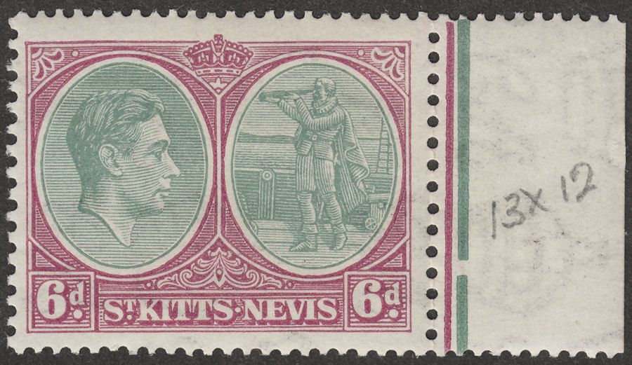 St Kitts-Nevis 1938 KGVI 6d Green and Bright Purple p13x12 Ordinary Mint SG74