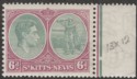 Click for more photos and details St Kitts-Nevis 1938 KGVI 6d Green and Bright Purple p13x12 Ordinary Mint SG74