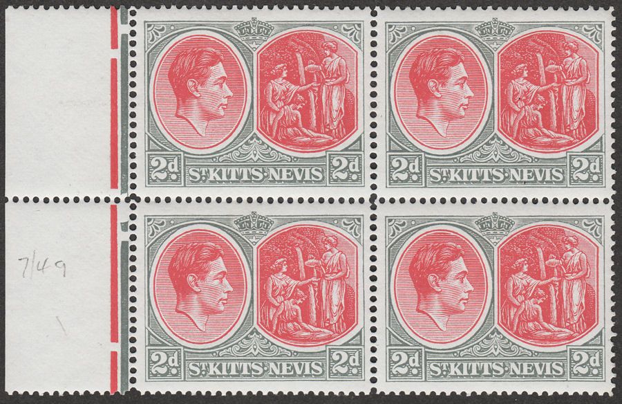 St Kitts-Nevis 1942 KGVI 2d Scarlet + Pale Grey p14 Chalky Block of 4 Mint SG71c