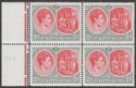 Click for more photos and details St Kitts-Nevis 1942 KGVI 2d Scarlet + Pale Grey p14 Chalky Block of 4 Mint SG71c