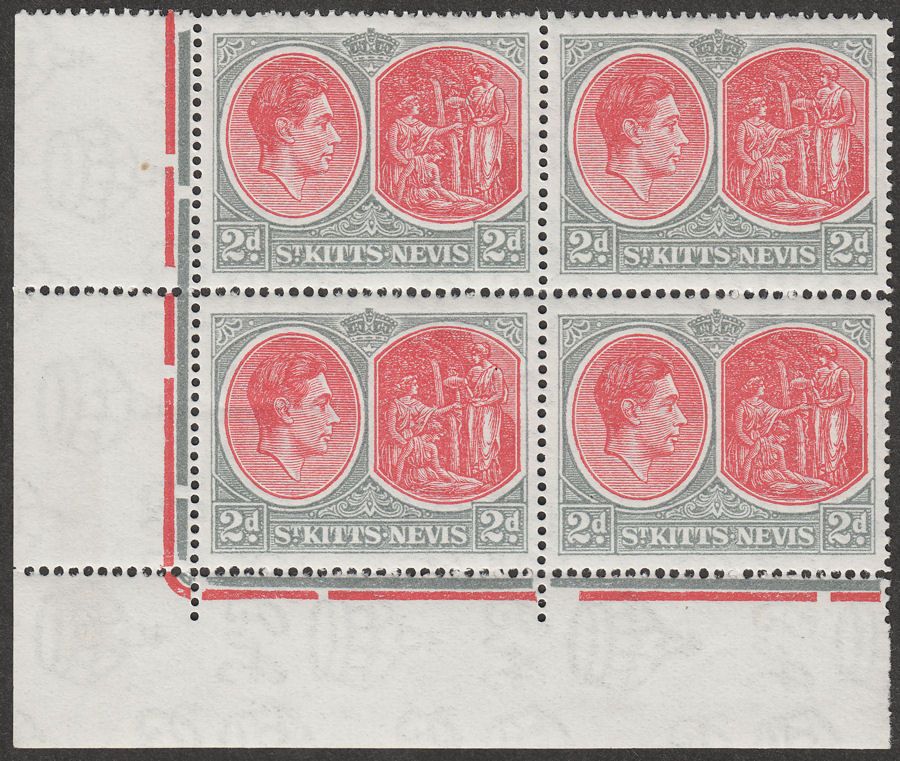 St Kitts-Nevis 1943 KGVI 2d Scarlet + Pale Grey p14 Ordinary Block 4 Mint SG71b