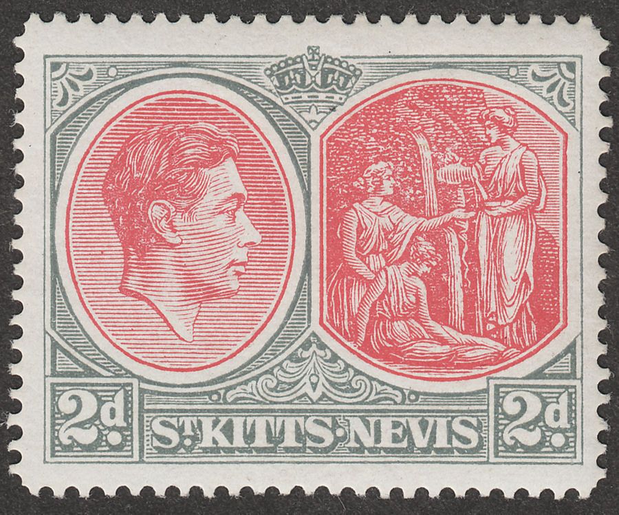 St Kitts-Nevis 1942 KGVI 2d Scarlet and Pale Grey p14 Chalky Mint SG71c