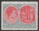 Click for more photos and details St Kitts-Nevis 1943 KGVI 2d Scarlet and Pale Grey p14 Ordinary Mint SG71b