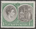 Click for more photos and details St Kitts-Nevis 1950 KGVI 1sh Black and Green p14 Chalky Mint SG75c