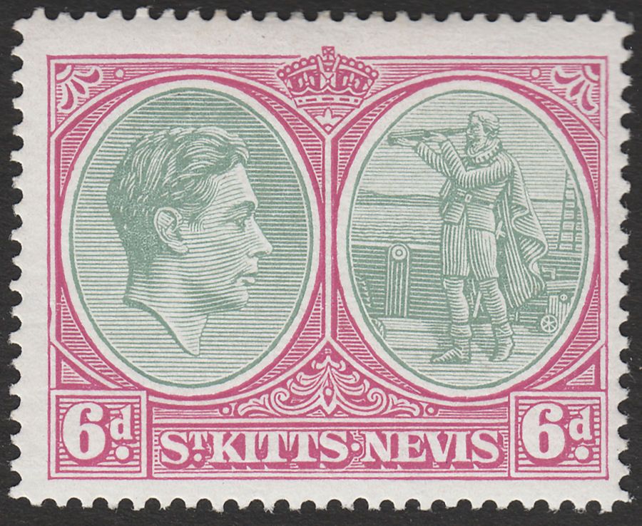 St Kitts-Nevis 1950 KGVI 6d Green and Purple p14 Chalky Mint SG74d