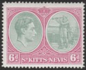 Click for more photos and details St Kitts-Nevis 1950 KGVI 6d Green and Purple p14 Chalky Mint SG74d