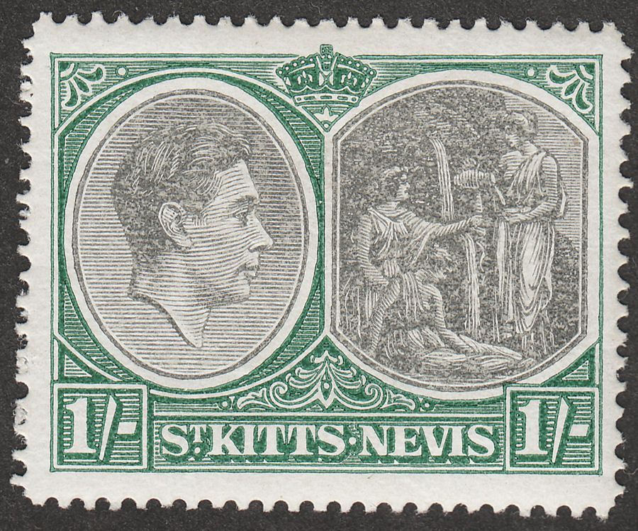 St Kitts-Nevis 1943 KGVI 1sh Black and Green p14 Ordinary Mint SG75b