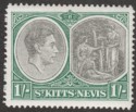 Click for more photos and details St Kitts-Nevis 1943 KGVI 1sh Black and Green p14 Ordinary Mint SG75b