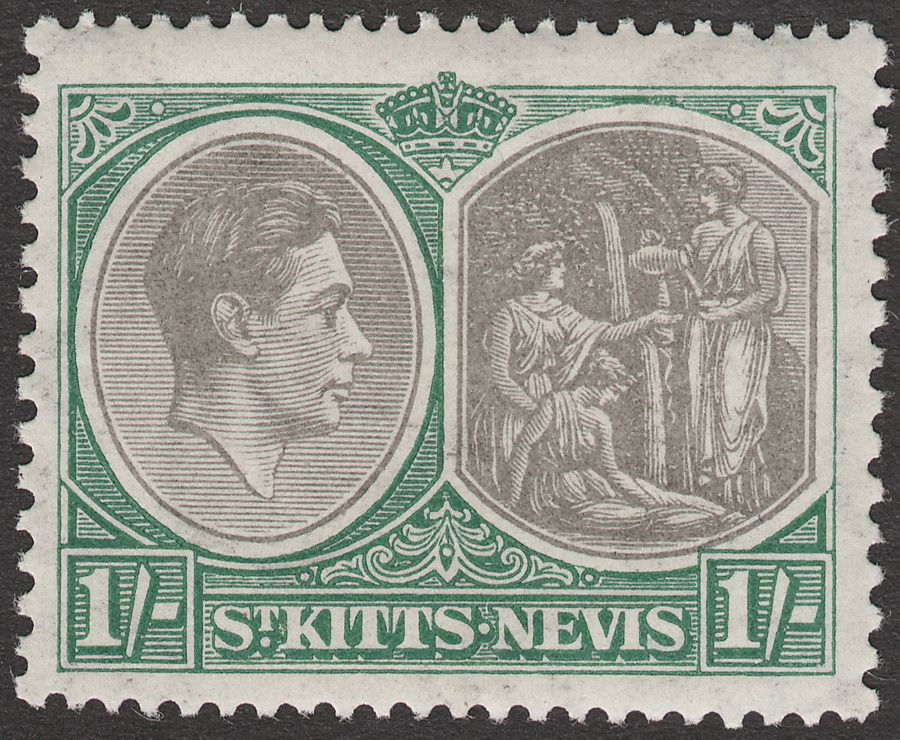 St Kitts-Nevis 1938 KGVI 1sh Black and Green p13x12 Mint SG75