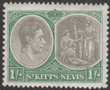Click for more photos and details St Kitts-Nevis 1938 KGVI 1sh Black and Green p13x12 Mint SG75
