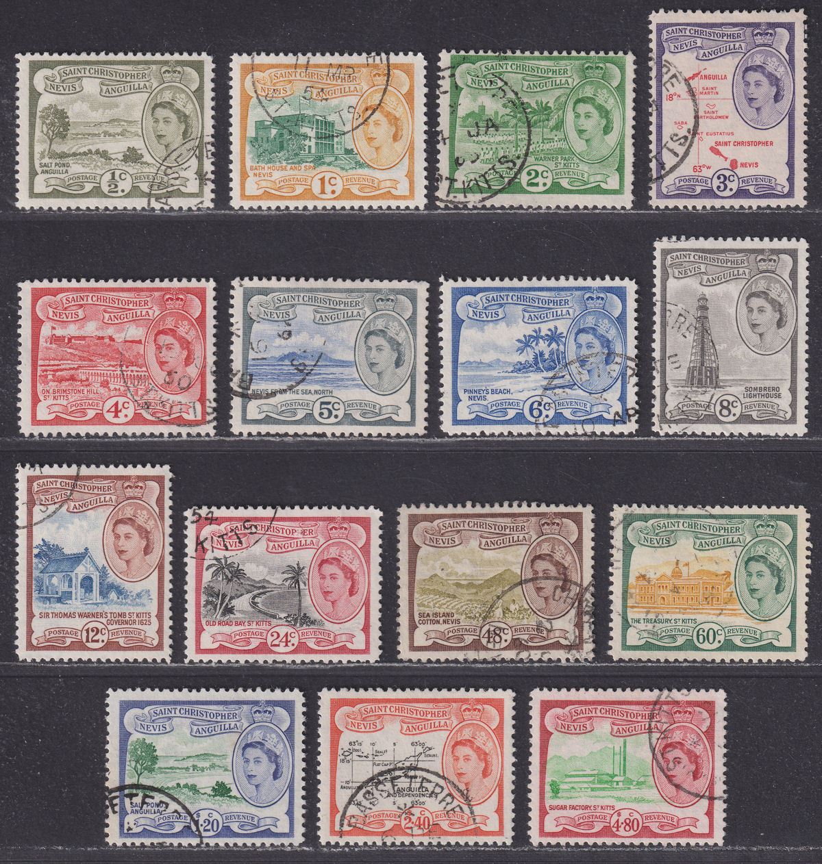 St Christopher Nevis Anguilla 1954 QEII Set Used SG106a-118 cat £48