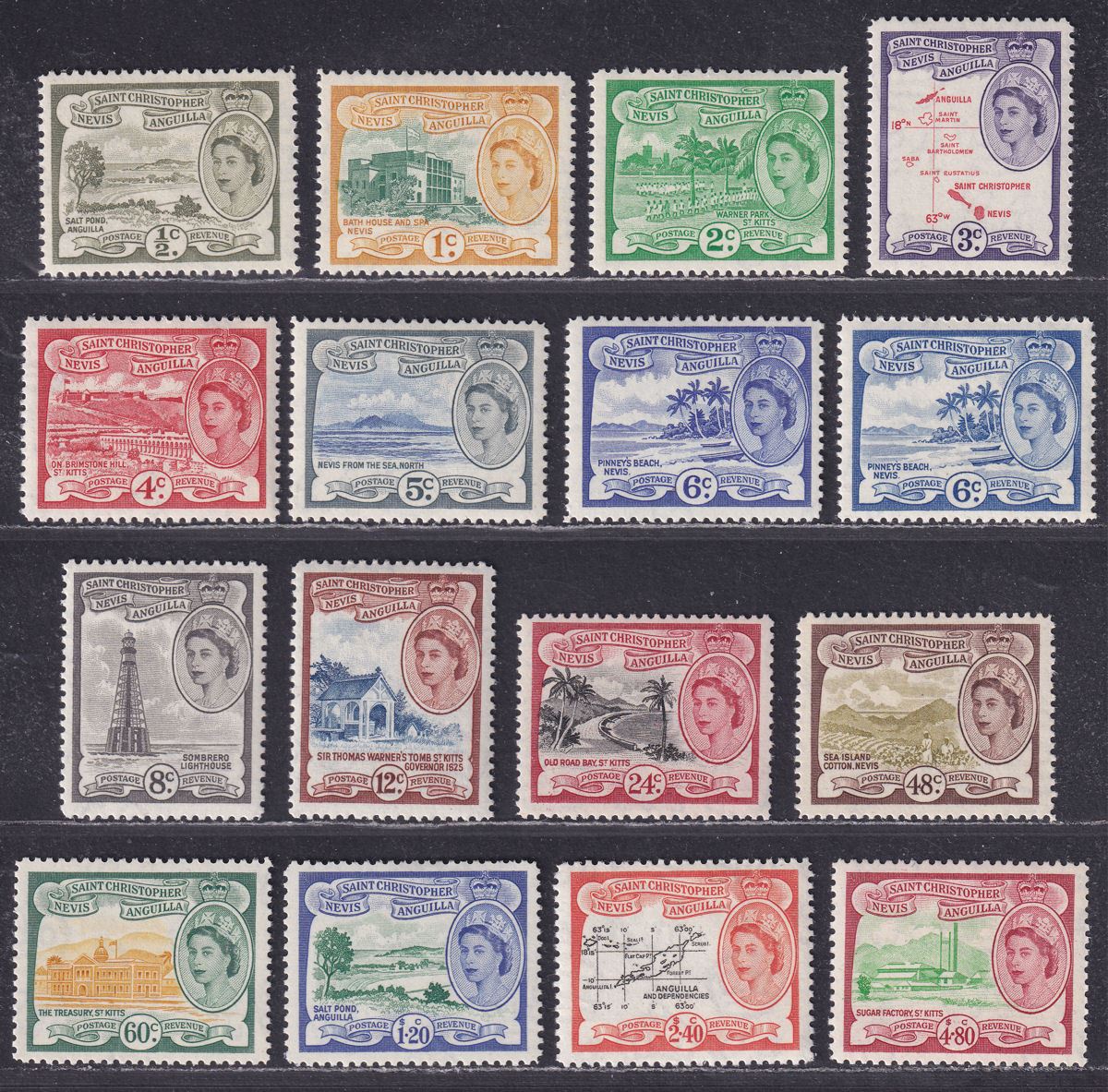 St Christopher Nevis Anguilla 1954 QEII Set Mint SG106a-118 cat £95
