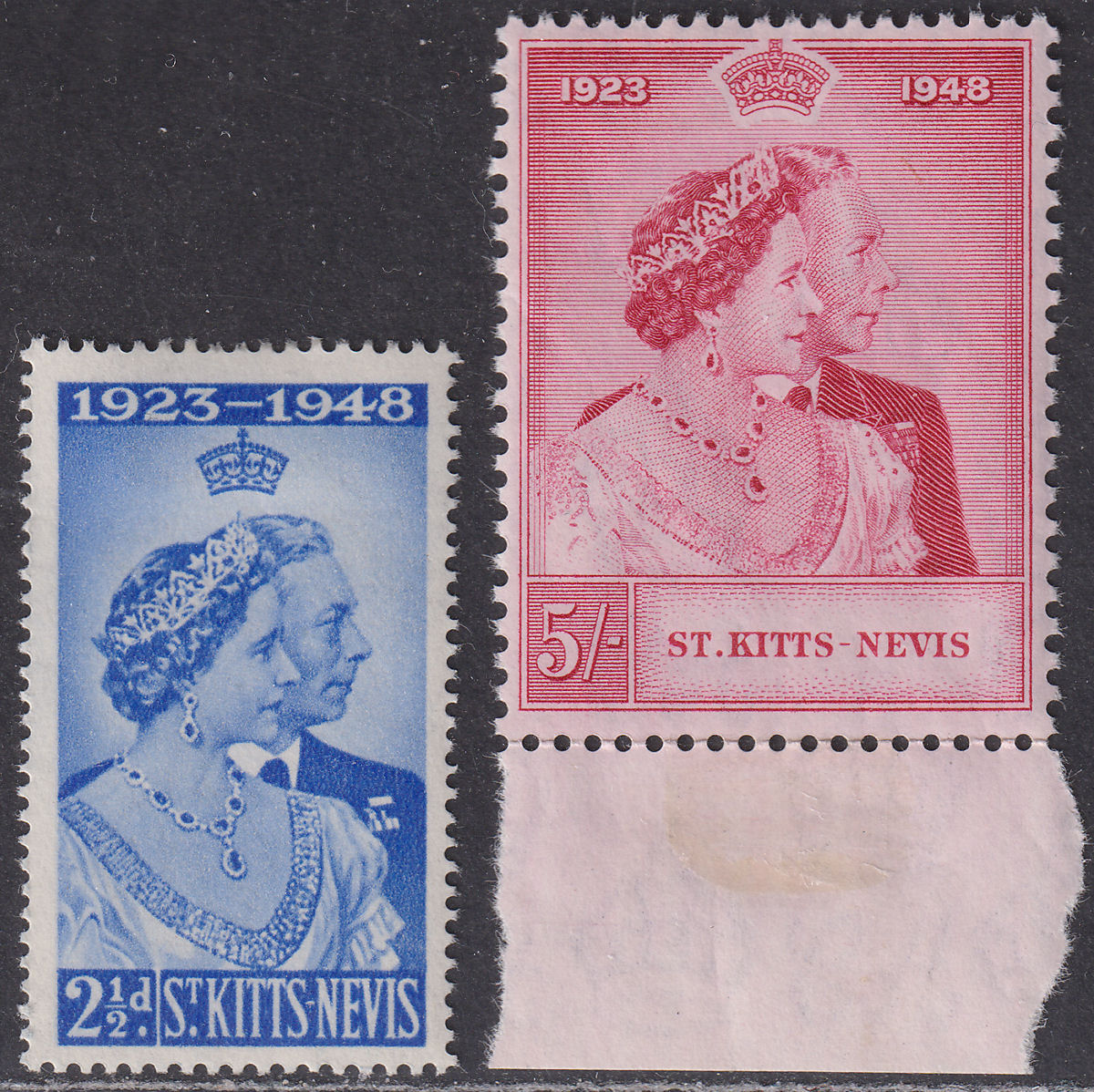 St Kitts-Nevis 1949 KGVI Royal Silver Wedding 2½d, 5sh Mint SG80-81 cat £12