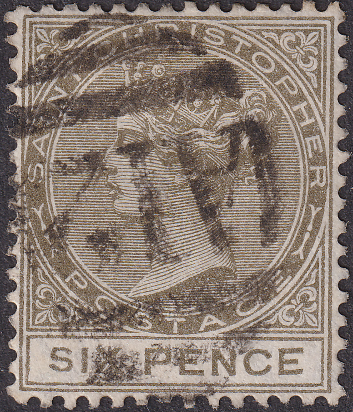 St Christopher 1890 QV 6d Olive-Brown Used SG19 cat £400