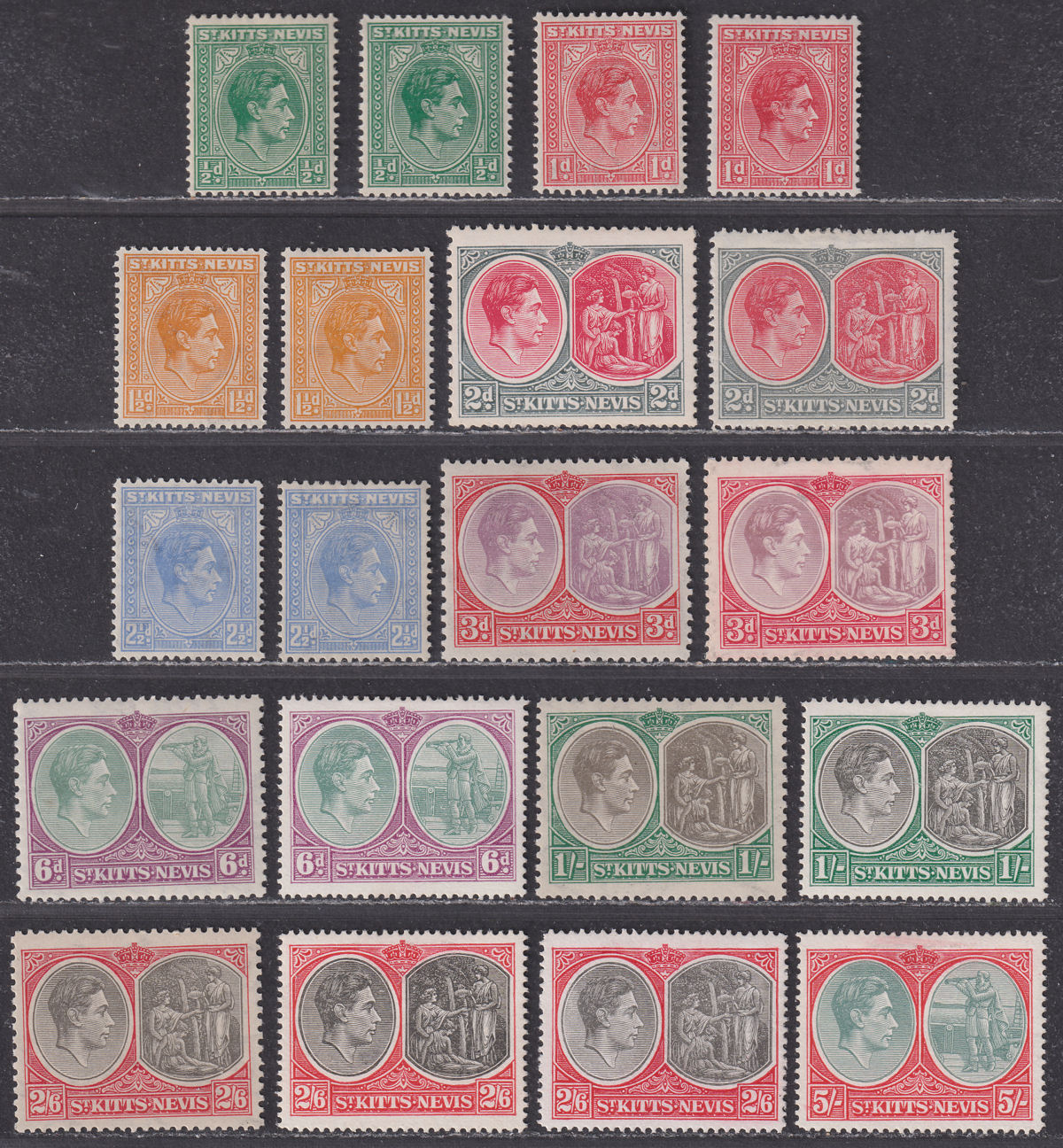 St Kitts-Nevis 1938-50 KGVI Short Set to 5sh Mint SG68-77b