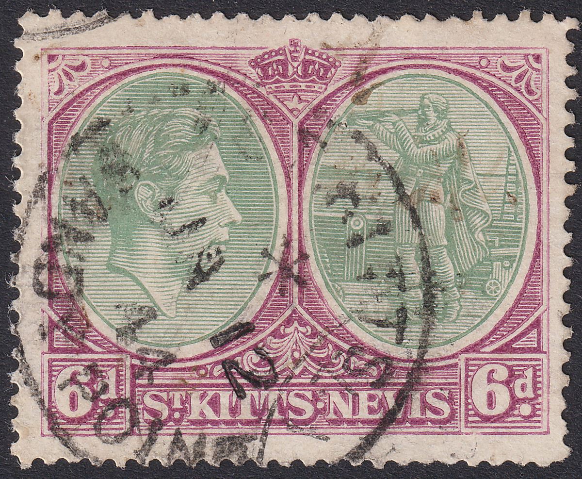 St Kitts-Nevis 1943 KGVI 6d Green & Deep Claret p14 Used w SANDY POINT Postmark