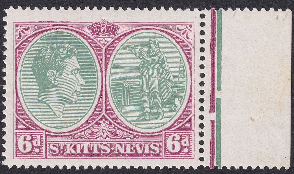 St Kitts-Nevis 1943 KGVI 6d Green & Deep Claret p14 Chalky Mint SG74b cat £55