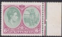 Click for more photos and details St Kitts-Nevis 1943 KGVI 6d Green & Deep Claret p14 Chalky Mint SG74b cat £55