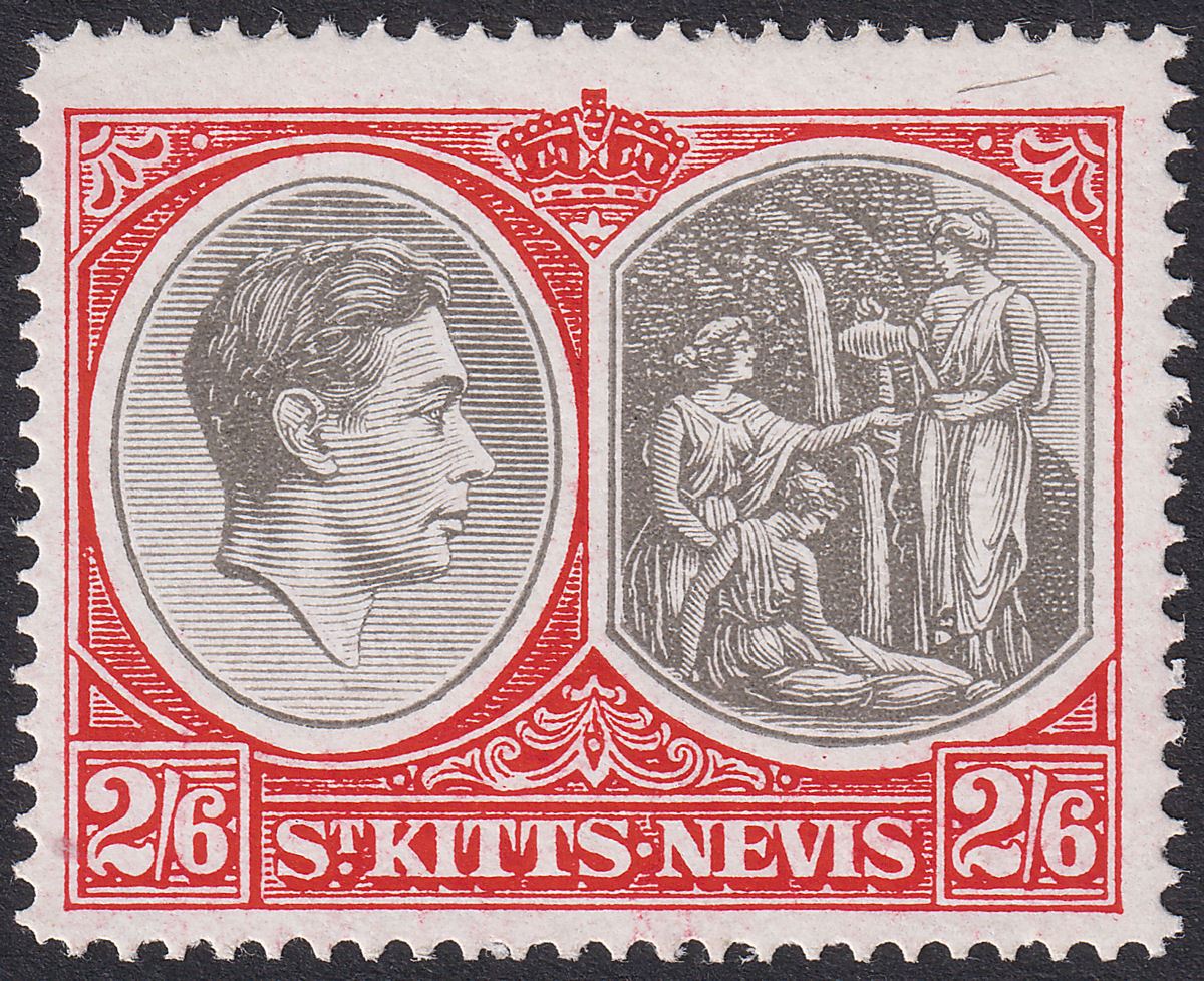St Kitts-Nevis 1943 KGVI 2sh6d Black and Scarlet p14 Chalky Mint SG76a cat £30