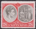 Click for more photos and details St Kitts-Nevis 1943 KGVI 2sh6d Black and Scarlet p14 Chalky Mint SG76a cat £30