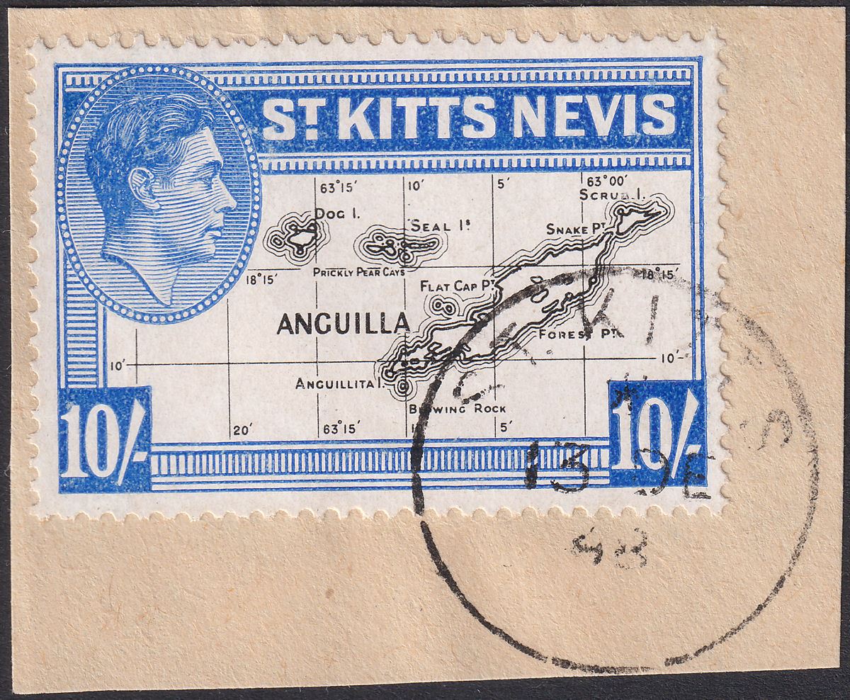 St Kitts-Nevis 1948 KGVI 10sh Black and Ultramarine Used on Piece SG77e cat £22